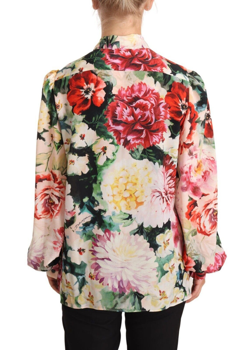 Multicolor Floral Print Ascot Collar Top Blouse