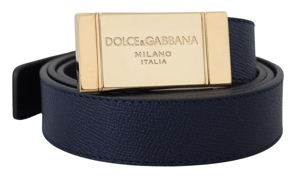 Blue Leather Gold Rectangle Buckle Men Belt