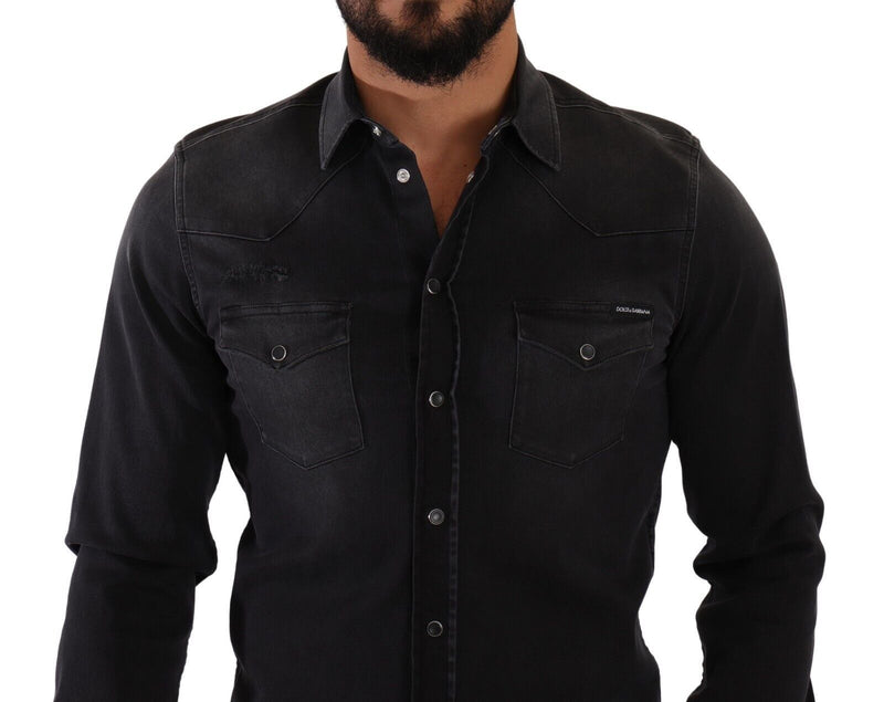 Gray Denim Cotton Stretch Long Sleeves Shirt