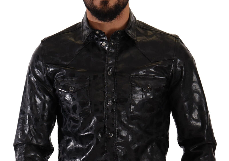 Black Logo Print Cotton Stretch Slim Shirt