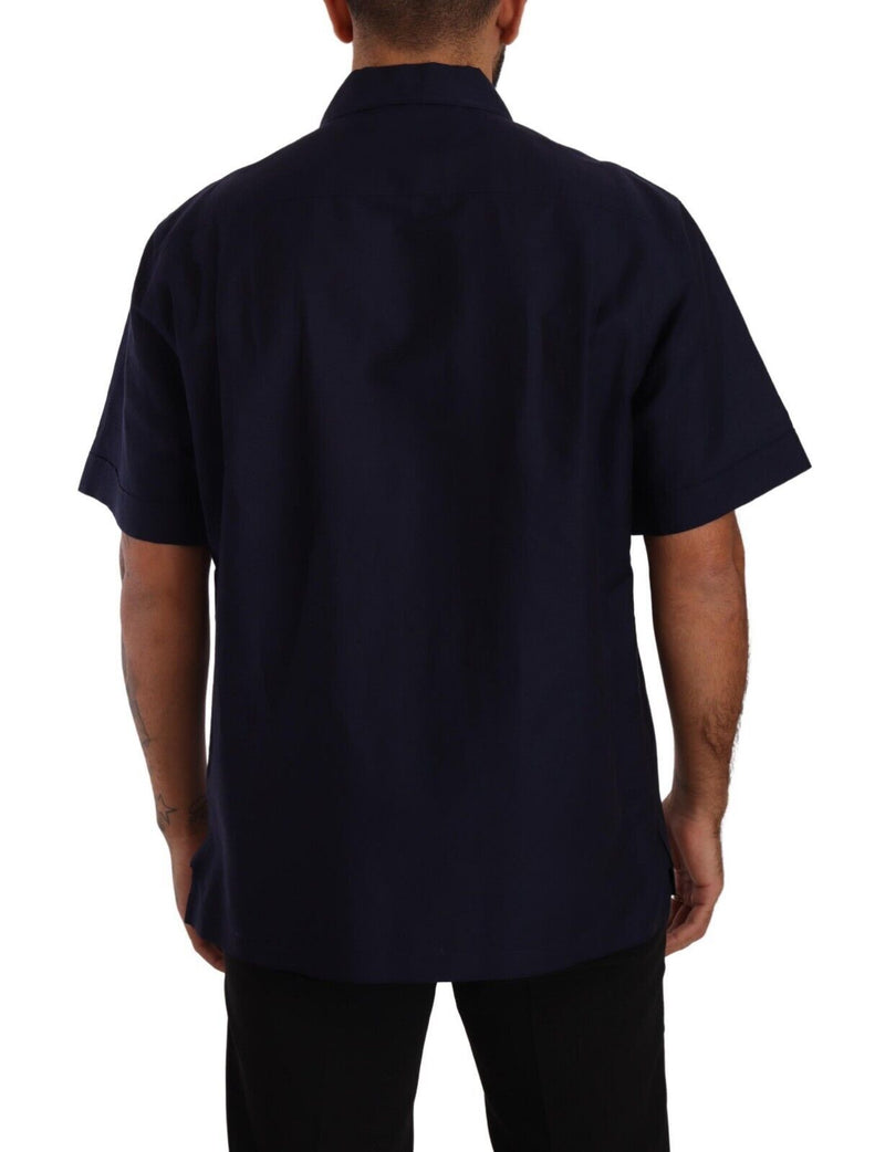 Navy Blue Button Down Short Sleeves Shirt