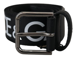 Black White Logo Print Silver Metal Buckle Belt