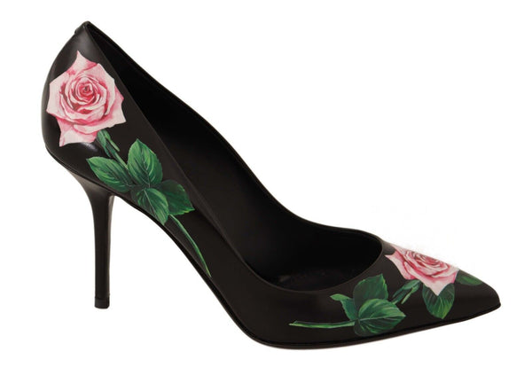 Black Leather Roses Print Heels Pumps Shoes