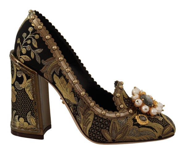 Gold Crystal Square Toe Brocade Pumps Shoes