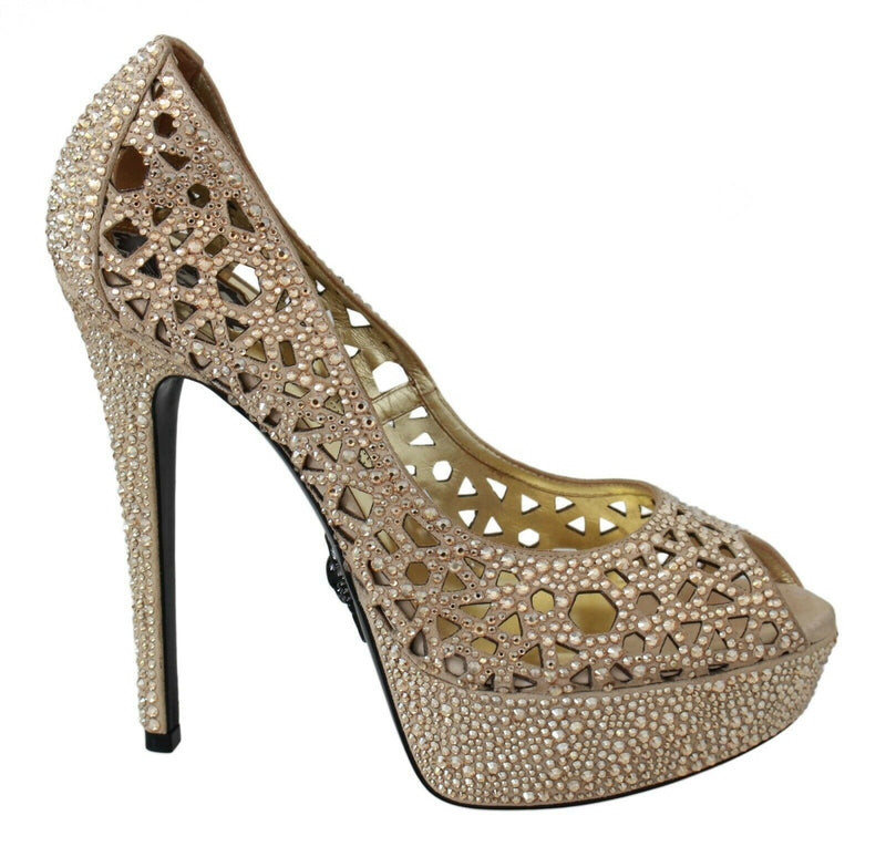 Beige Leather GOLD JUNGLE Strass Heels Shoes