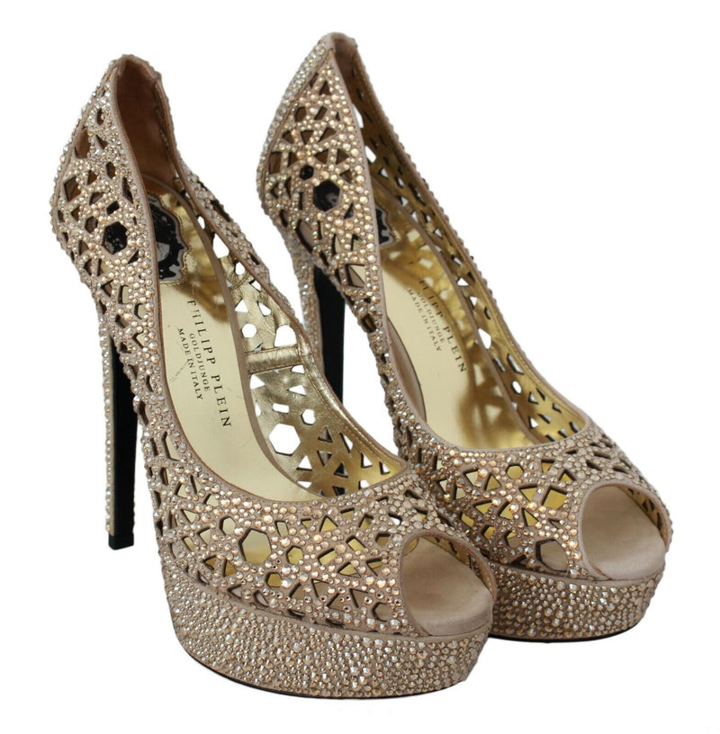 Beige Leather GOLD JUNGLE Strass Heels Shoes