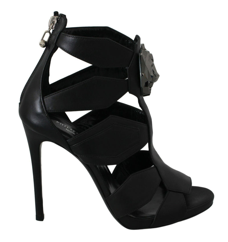 Black Leather High Heels Bat Stiletto Shoes