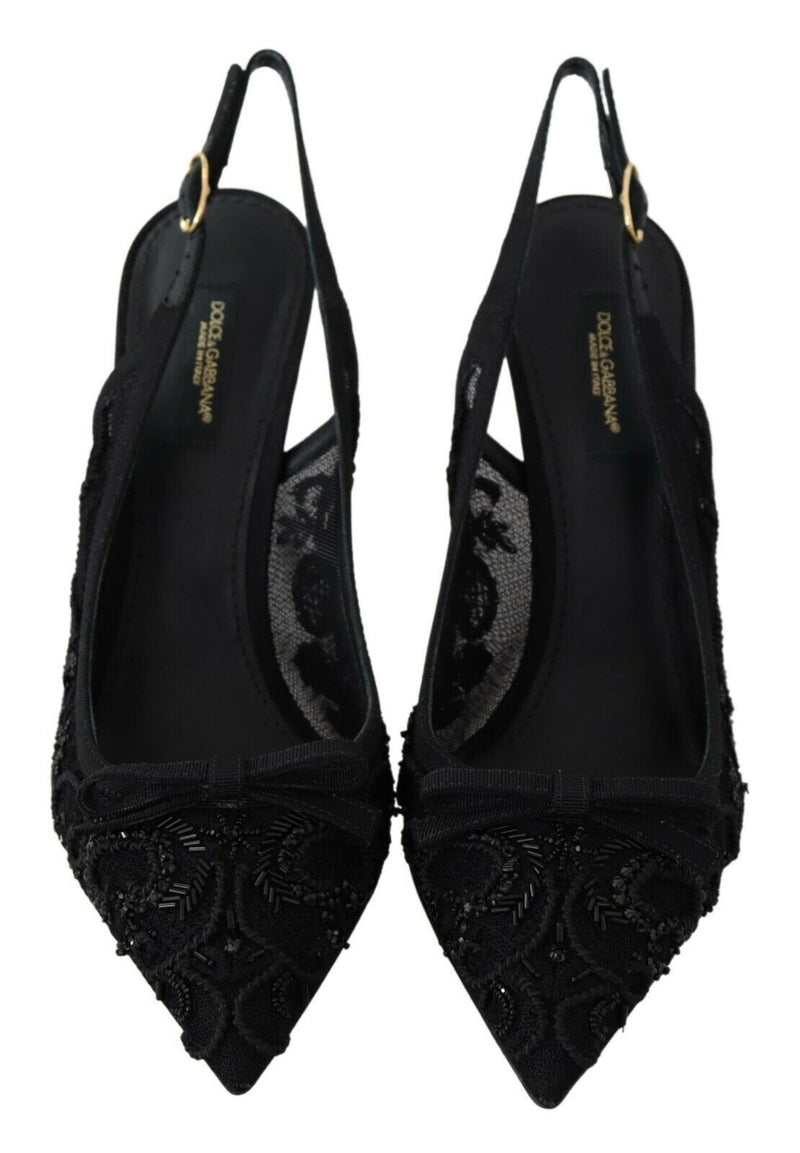 Black Tulle Ricamo Heels Slingback Shoes