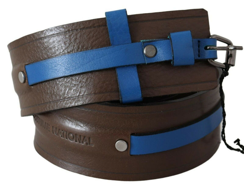 Dark Brown Wide Leather Blue Lined Waist Belt