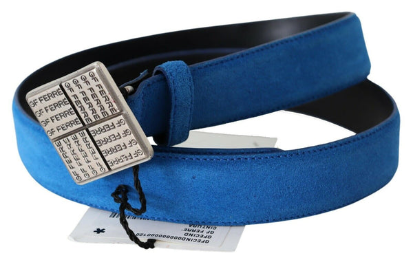 Blue Leather Silver Square Logo Buckle Waist Belt