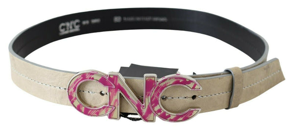 Beige Leather Pink Letter Logo Buckle Belt