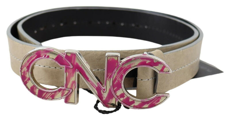 Beige Leather Pink Letter Logo Buckle Belt