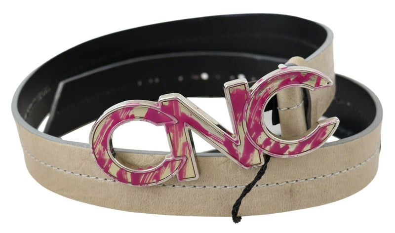 Beige Leather Pink Letter Logo Buckle Belt