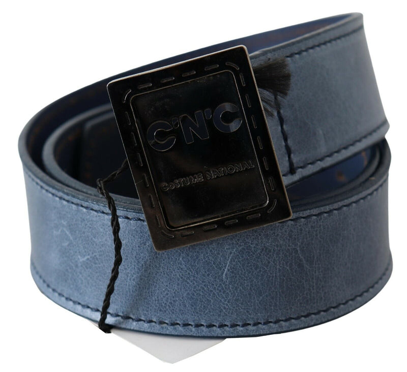 Blue Normal Leather Logo Buckle Belt