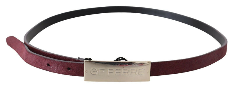 Maroon Leather Skinny Logo Design Cintura Buckle Waist Belt