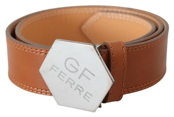 Brown Silver Logo Hexagon Buckle Waist Leather Belt