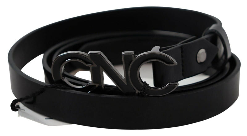 Black Leather Metal Logo Buckle Waist Belt