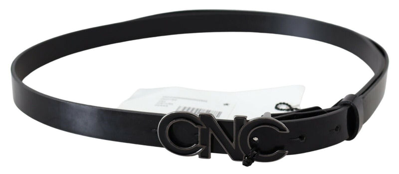 Black Leather Metal Logo Buckle Waist Belt