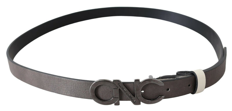 Belt Mettalic Gray Leather Logo Belt