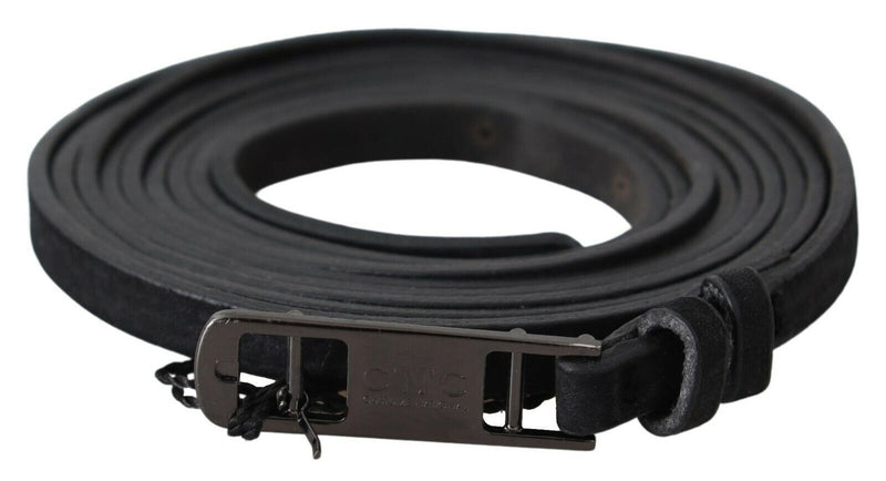 Black Leather Skinny Logo Buckle Belt