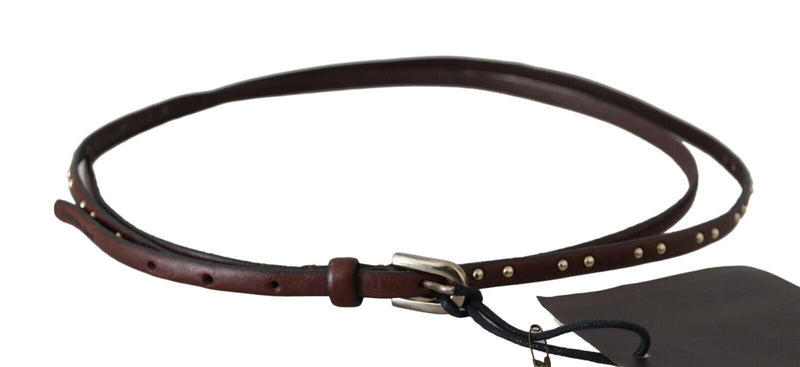 Brown Leather Studded Slim Buckle Waist  Belt