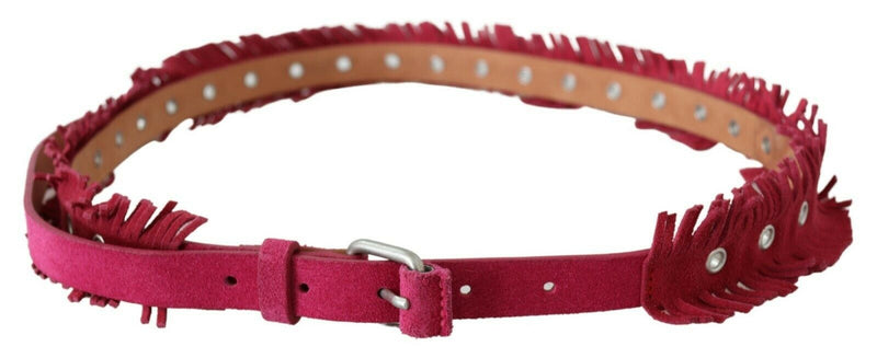 Maroon Leather Fringes Silver Buckle Waist Belt