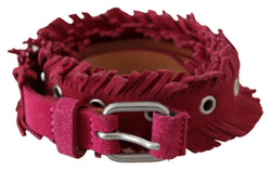 Maroon Leather Fringes Silver Buckle Waist Belt