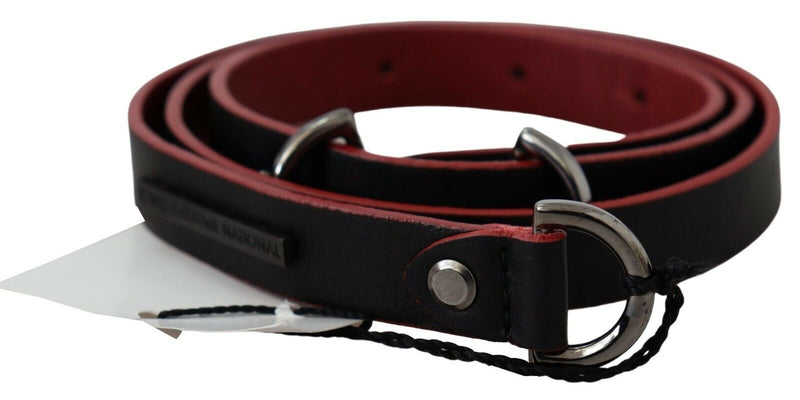 Black Red Skinny Leather Logo Belt