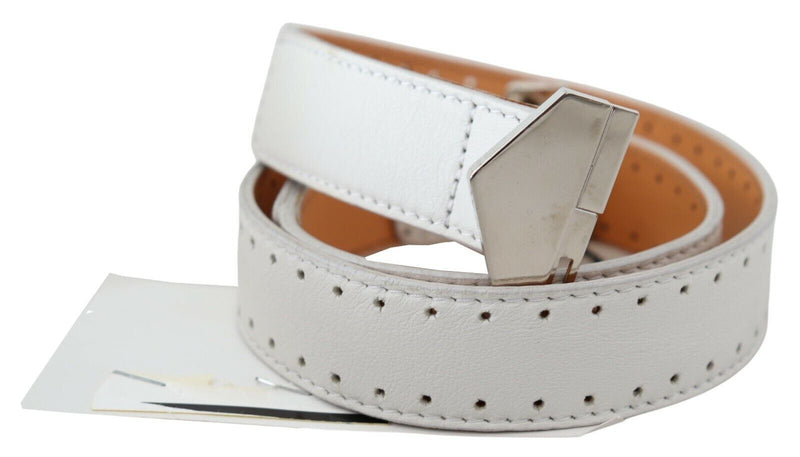 White Leather Hexagon Logo Buckle Waist Belt