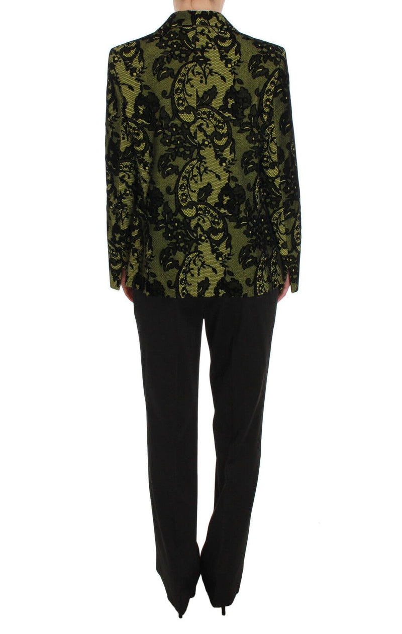 Black Yellow Cotton Lace Blazer Pants Suit