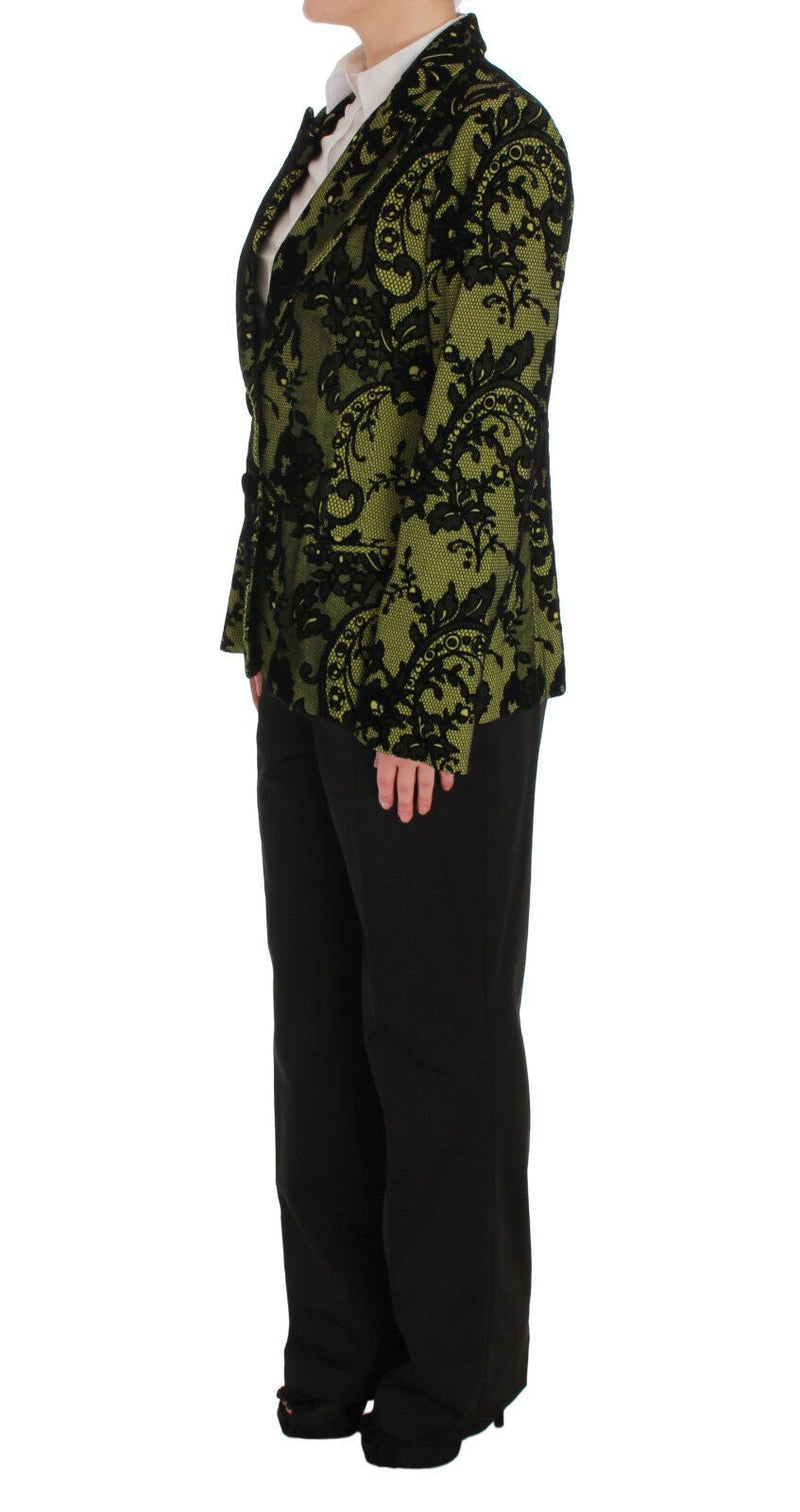 Black Yellow Cotton Lace Blazer Pants Suit