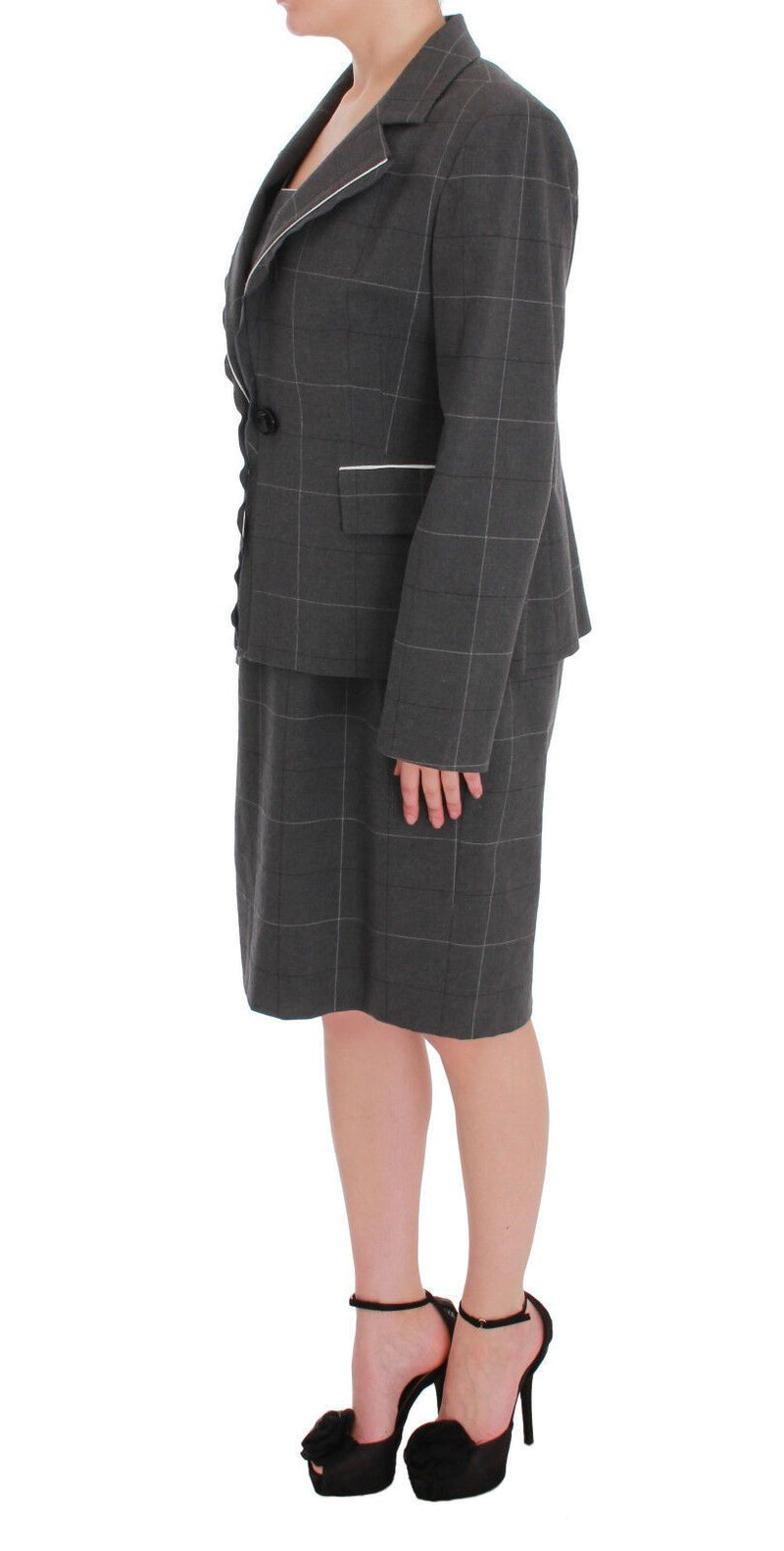 Gray Checkered Cotton Blazer Dress Set Suit