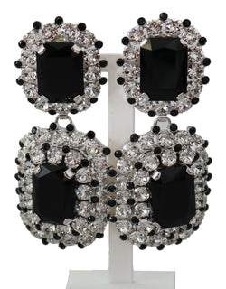 Black Crystal Embellished Silver Tone Earrings