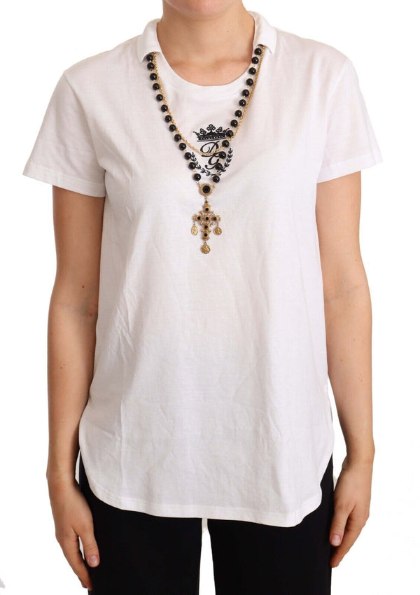 White Cotton Gold Cross Necklace  T-shirt