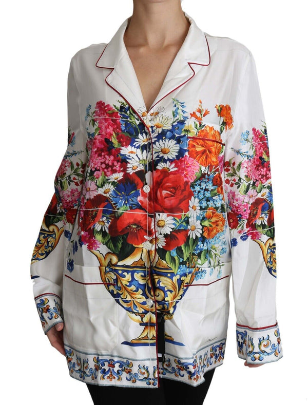 White Flower Vase Print Silk Lounge Blouse Top