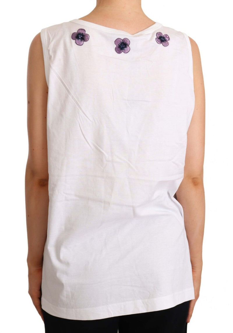 White Cotton Floral Embroidery Tank T-shirt Top