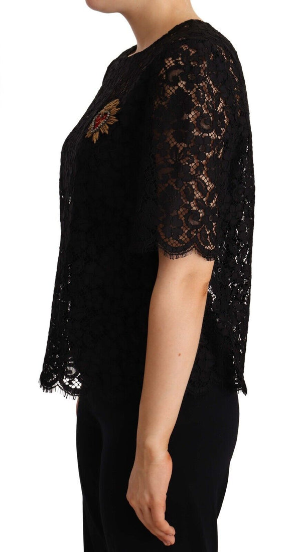 Black Floral Lace Heart Embroidered Top