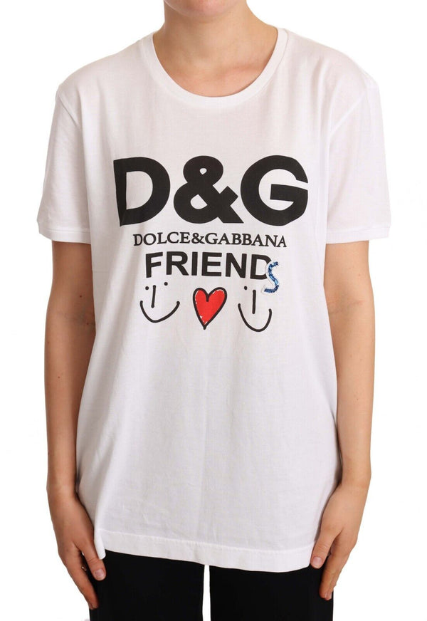 White D&G Friends Print Cotton Top  T-shirt