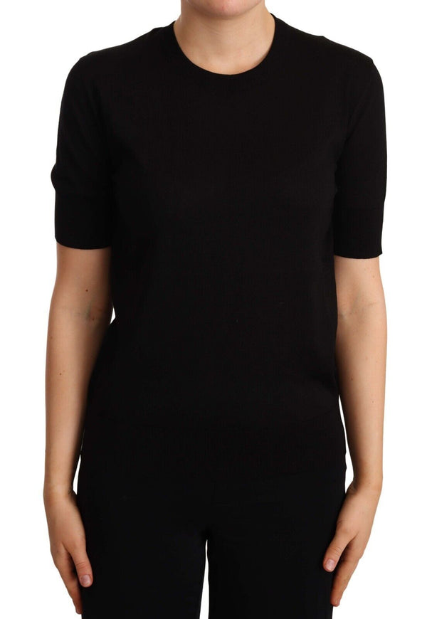 Black Silk Round Neck Short Sleeves Tee  T-shirt