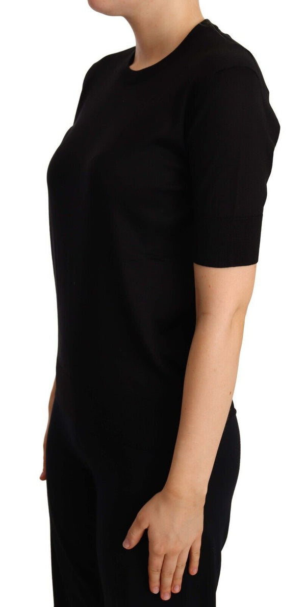 Black Silk Round Neck Short Sleeves Tee  T-shirt