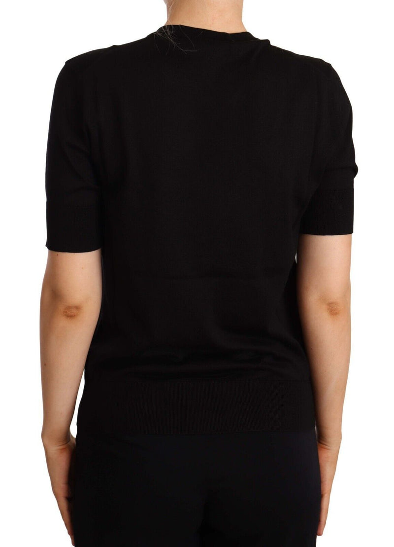 Black Silk Round Neck Short Sleeves Tee  T-shirt