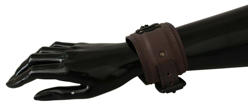 Brown Leather Branded Wide Buckle Closure Bracelet