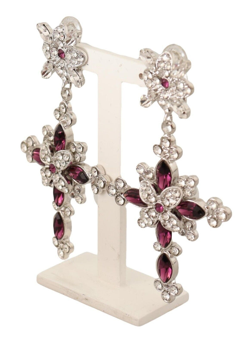 Silver Brass Purple Crystals Cross Clip On Drop Earrings