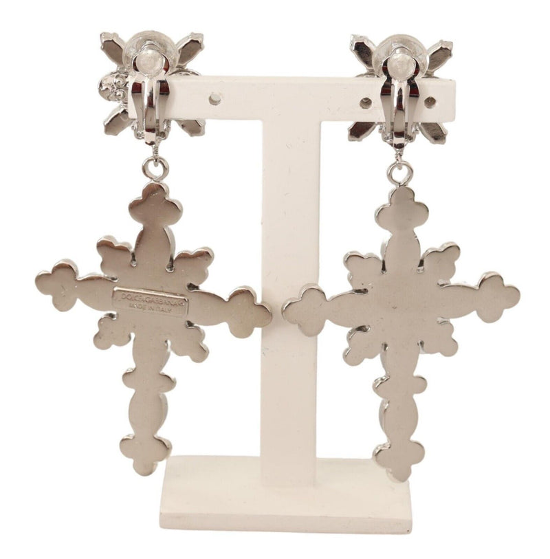 Silver Brass Purple Crystals Cross Clip On Drop Earrings