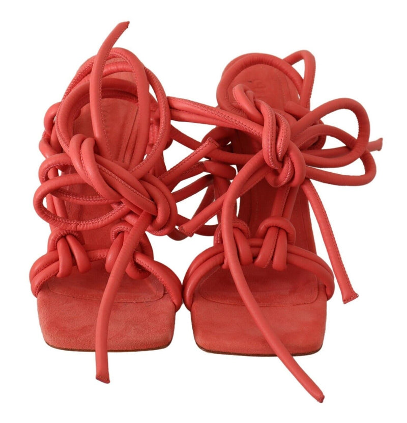 Coral Leather Strappy Stiletto Heels Sandals Shoes