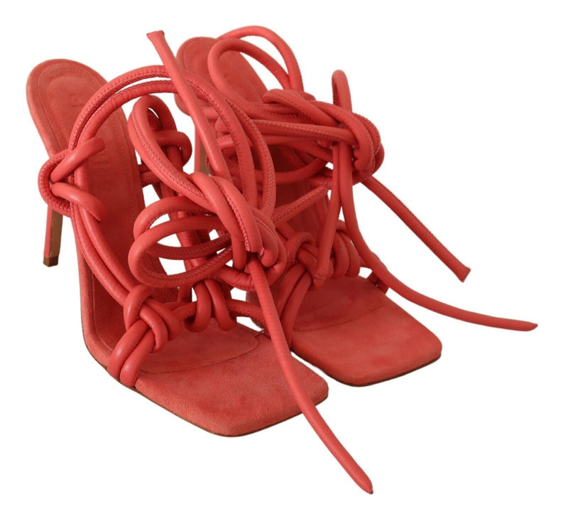 Coral Leather Strappy Stiletto Heels Sandals Shoes