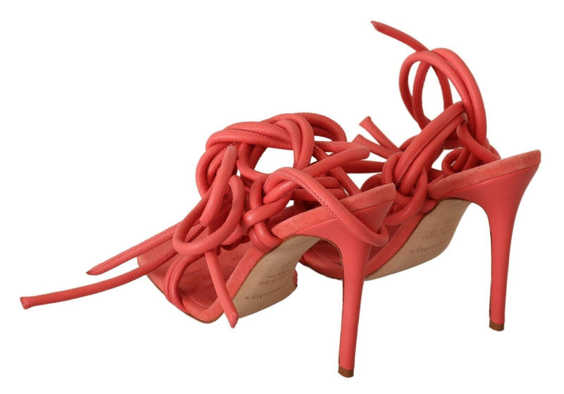 Coral Leather Strappy Stiletto Heels Sandals Shoes