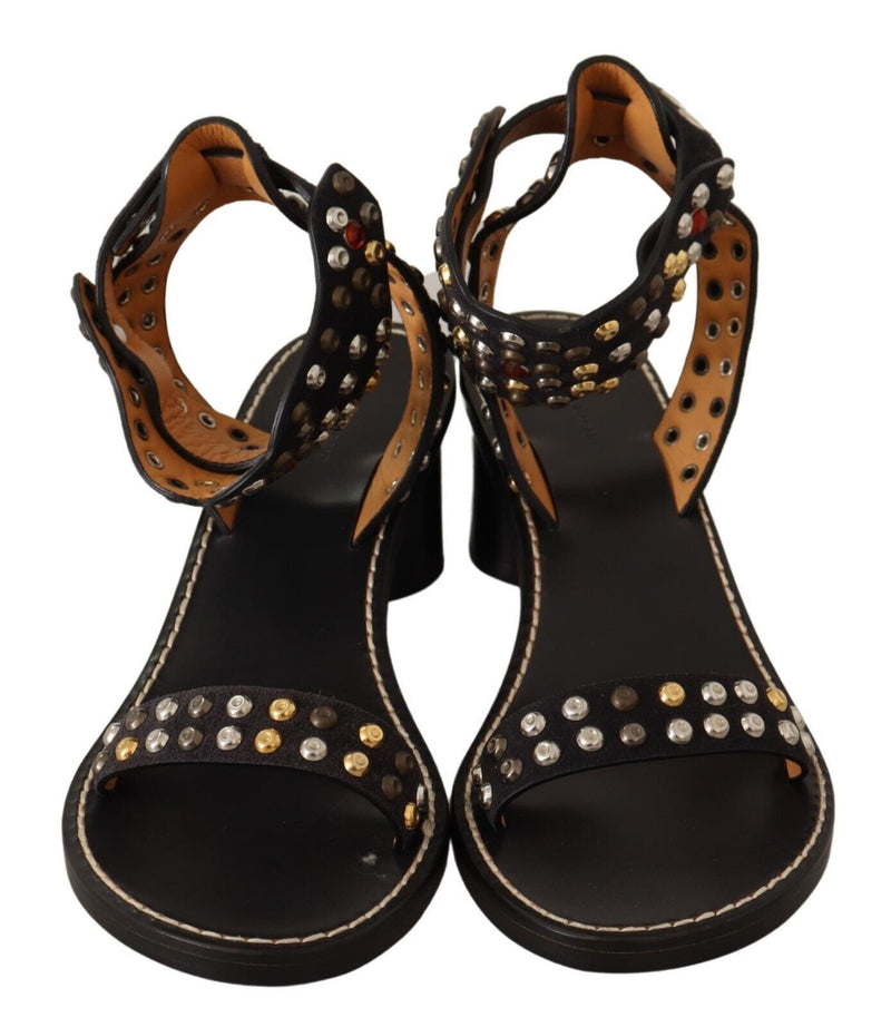 Black Studded Leather Ankle Strap Sandals Shoes