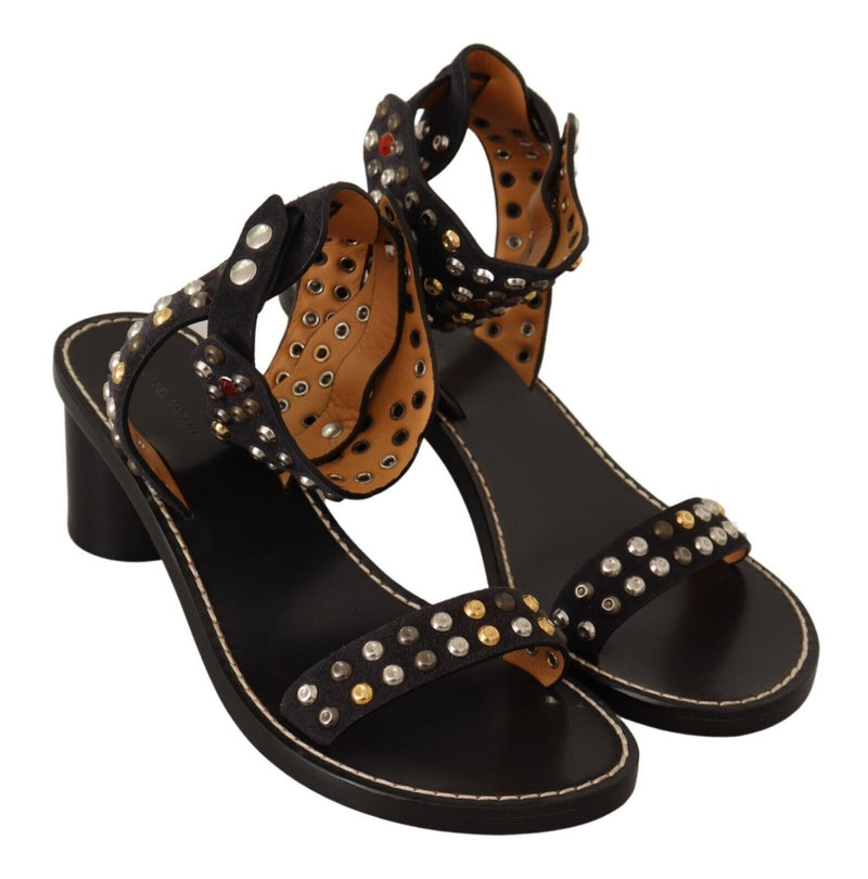 Black Studded Leather Ankle Strap Sandals Shoes