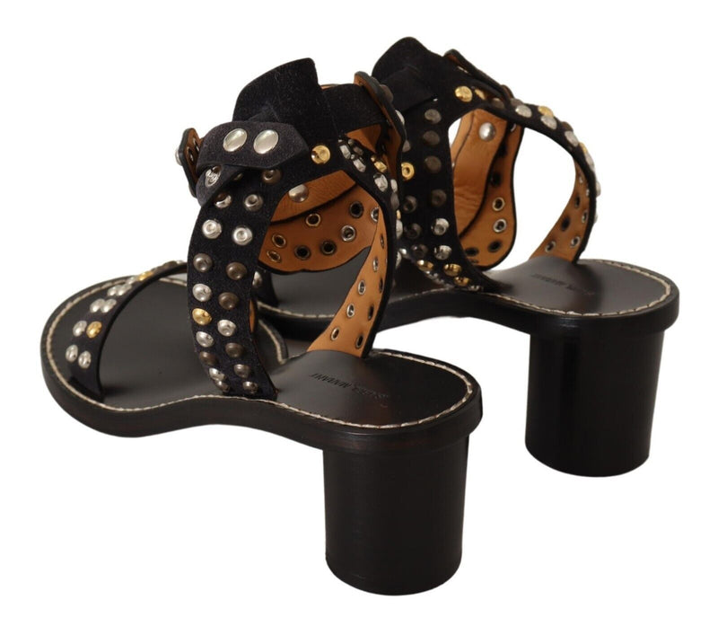 Black Studded Leather Ankle Strap Sandals Shoes